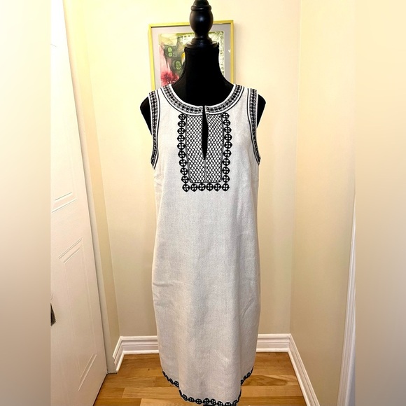 Ann Taylor linen blend shift dress w/blk beading &embroidery,back zip,hook&eye🖤 - Picture 2 of 16